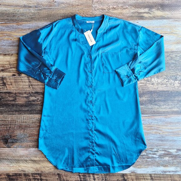 NWT EKOUAER Satin Night Sleepshirt Button-Down Pocket V-Neck Long Sleeve Blue - Picture 4 of 12